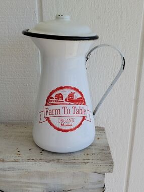 Farm House Farm To Table White Enamel Pitcher with Red Primitive Grandma Core